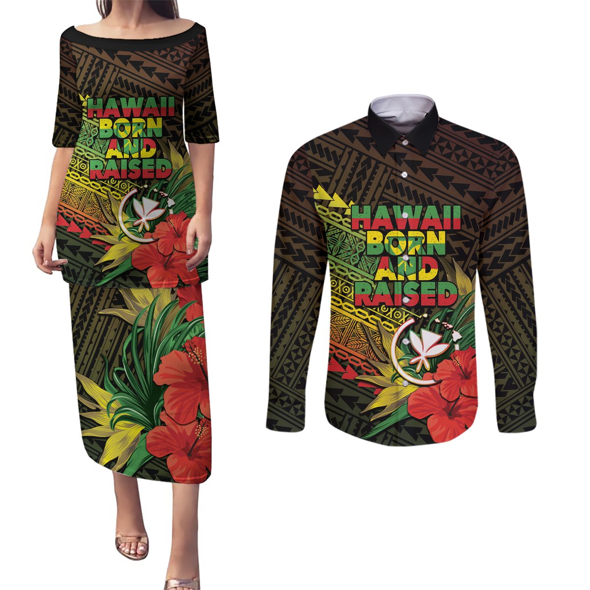 Personalized Hawaii Born and Raised Couples Matching Puletasi and Long Sleeve Button Shirt Kanaka Maoli Flag Day