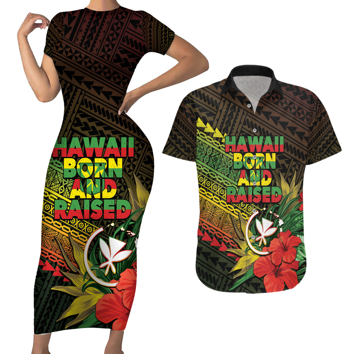 Personalized Hawaii Born and Raised Couples Matching Short Sleeve Bodycon Dress and Hawaiian Shirt Kanaka Maoli Flag Day LT05 Reggae - Polynesian Pride
