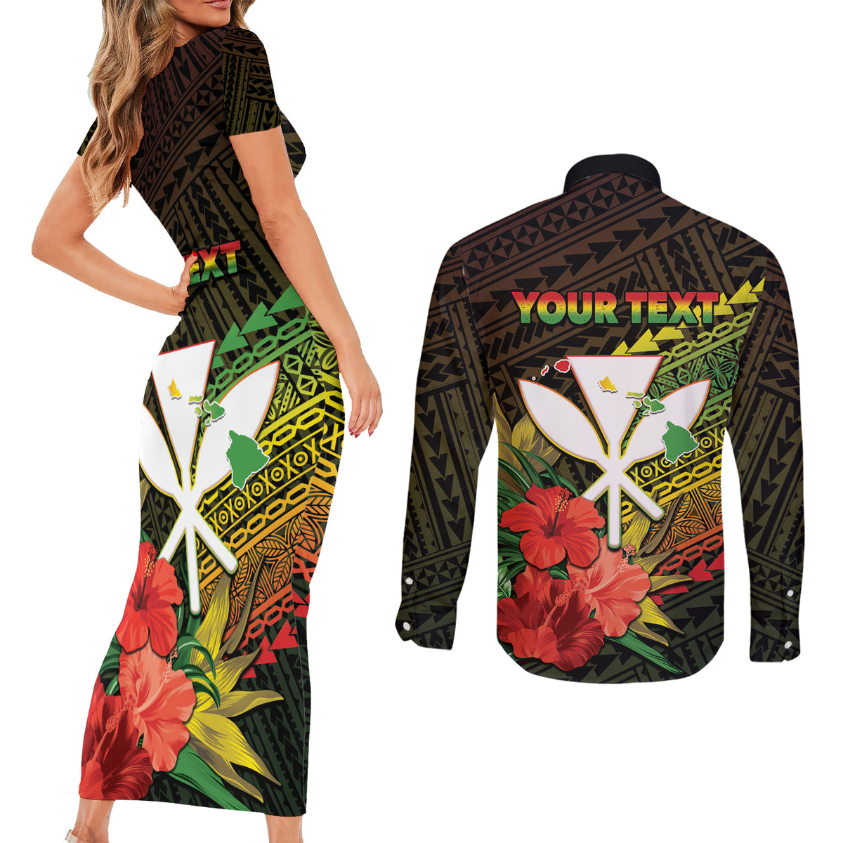 Personalized Hawaii Born and Raised Couples Matching Short Sleeve Bodycon Dress and Long Sleeve Button Shirt Kanaka Maoli Flag Day LT05 - Polynesian Pride