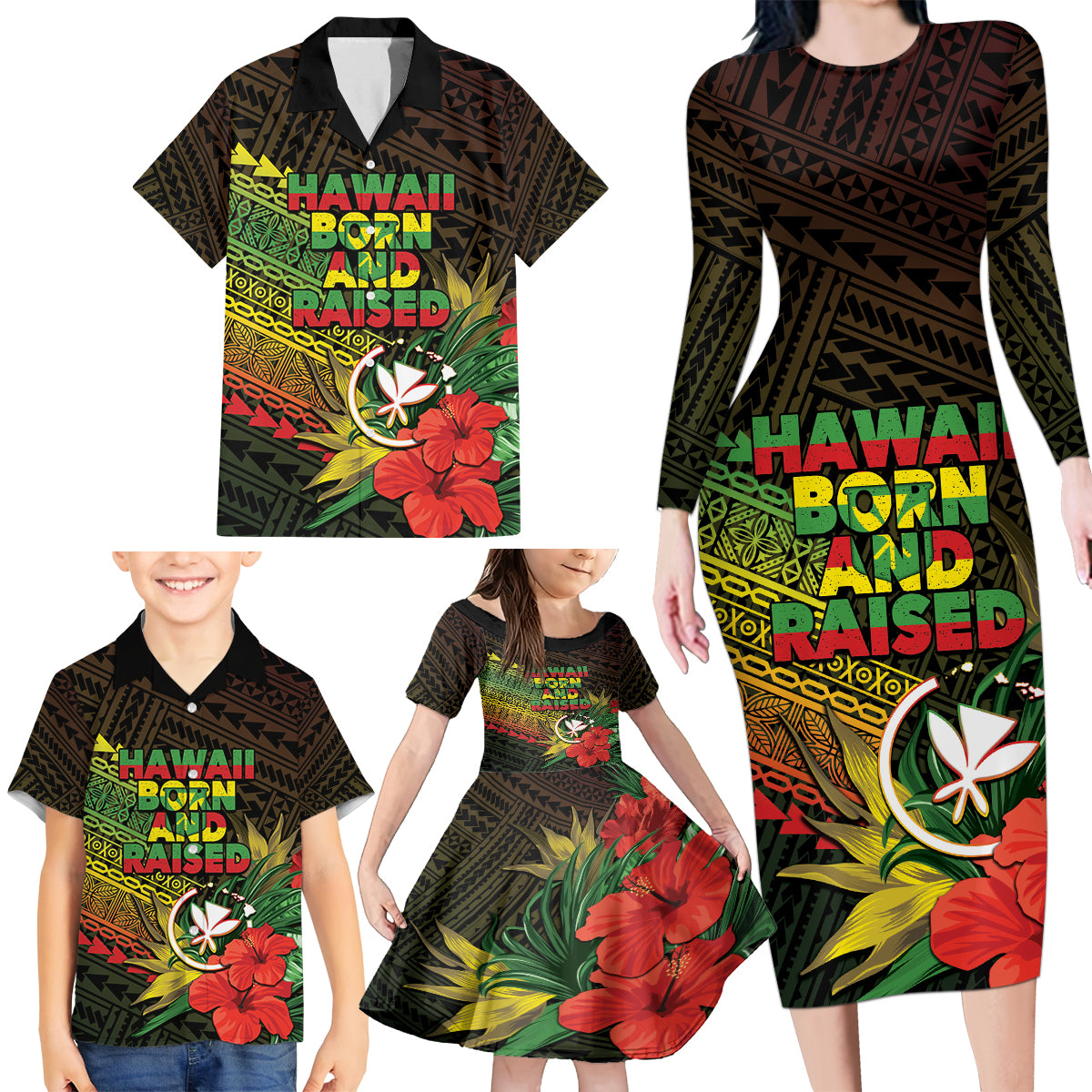 Personalized Hawaii Born and Raised Family Matching Long Sleeve Bodycon Dress and Hawaiian Shirt Kanaka Maoli Flag Day LT05 - Polynesian Pride