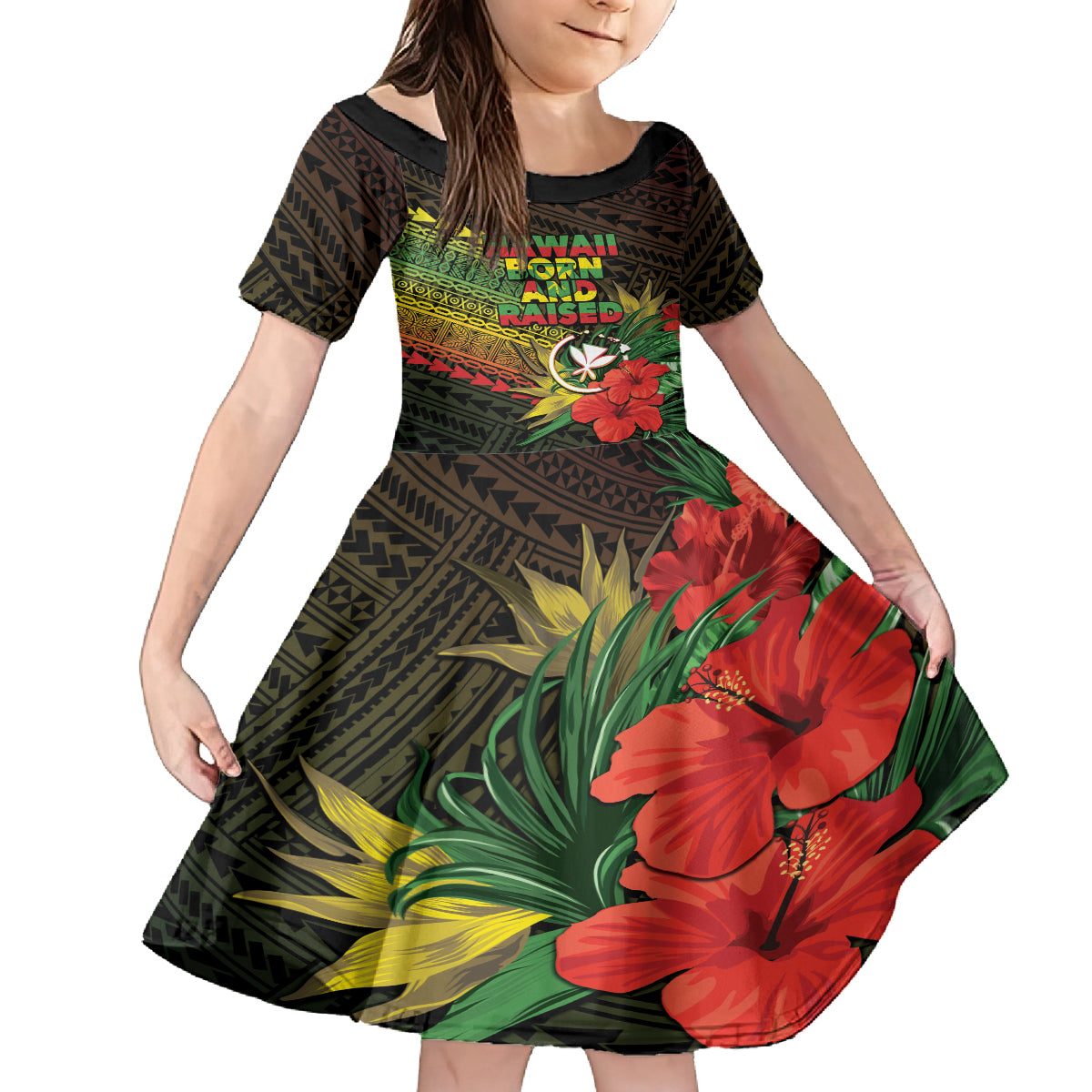 Personalized Hawaii Born and Raised Family Matching Off The Shoulder Long Sleeve Dress and Hawaiian Shirt Kanaka Maoli Flag Day LT05 Daughter's Dress Reggae - Polynesian Pride
