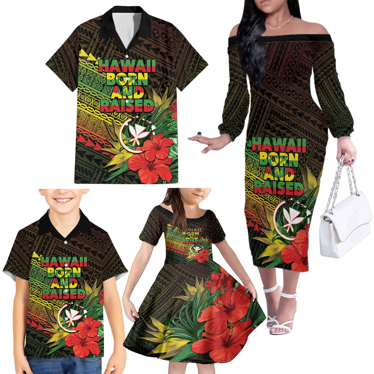 Personalized Hawaii Born and Raised Family Matching Off The Shoulder Long Sleeve Dress and Hawaiian Shirt Kanaka Maoli Flag Day LT05 - Polynesian Pride