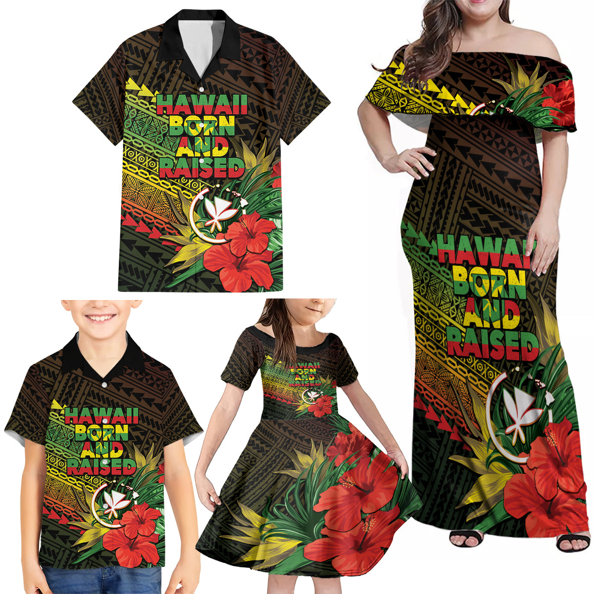 Personalized Hawaii Born and Raised Family Matching Off Shoulder Maxi Dress and Hawaiian Shirt Kanaka Maoli Flag Day LT05 - Polynesian Pride