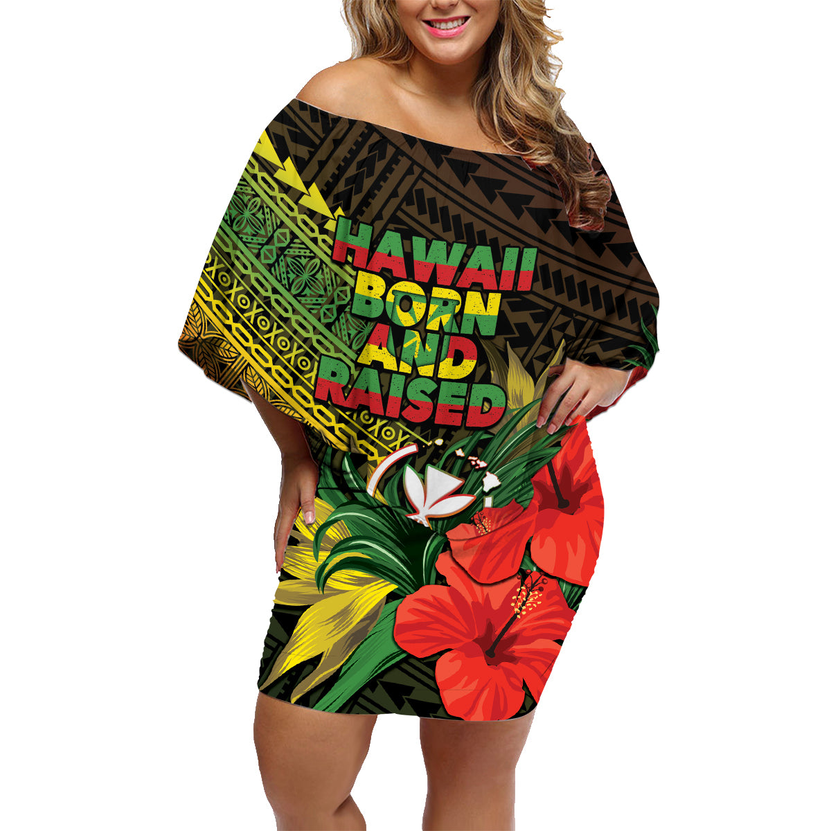 Personalized Hawaii Born and Raised Family Matching Off Shoulder Short Dress and Hawaiian Shirt Kanaka Maoli Flag Day LT05 Mom's Dress Reggae - Polynesian Pride
