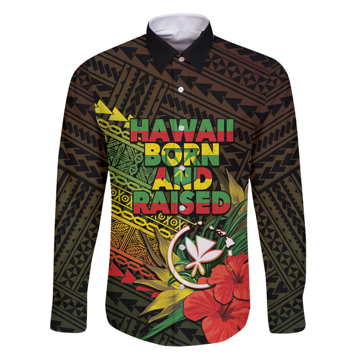 Personalized Hawaii Born and Raised Family Matching Puletasi and Hawaiian Shirt Kanaka Maoli Flag Day LT05 Dad's Shirt - Long Sleeve Reggae - Polynesian Pride