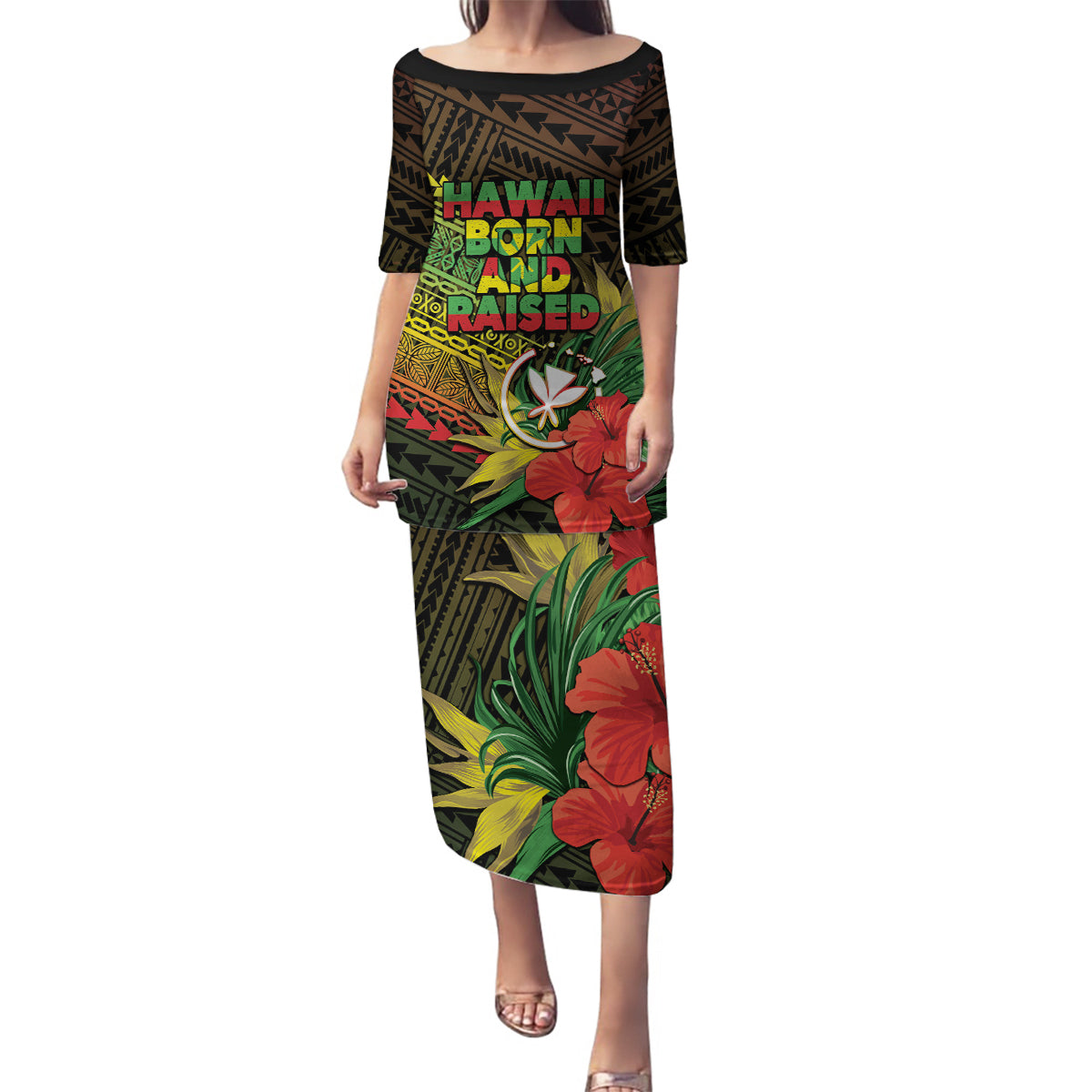 Personalized Hawaii Born and Raised Family Matching Puletasi and Hawaiian Shirt Kanaka Maoli Flag Day LT05 Mom's Dress Reggae - Polynesian Pride