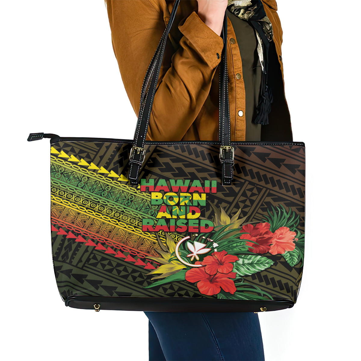 Hawaii Born and Raised Leather Tote Bag Kanaka Maoli Flag Day LT05 - Polynesian Pride