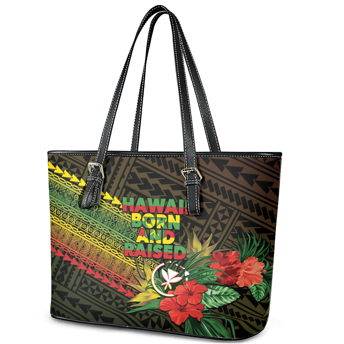 Hawaii Born and Raised Leather Tote Bag Kanaka Maoli Flag Day LT05 - Polynesian Pride