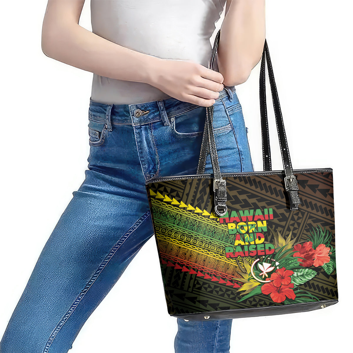 Hawaii Born and Raised Leather Tote Bag Kanaka Maoli Flag Day LT05 - Polynesian Pride