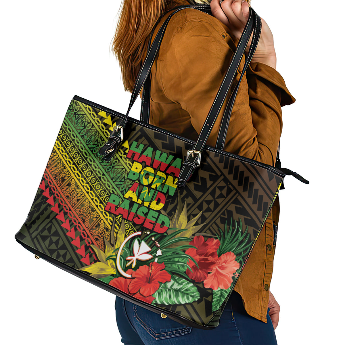 Hawaii Born and Raised Leather Tote Bag Kanaka Maoli Flag Day LT05 - Polynesian Pride