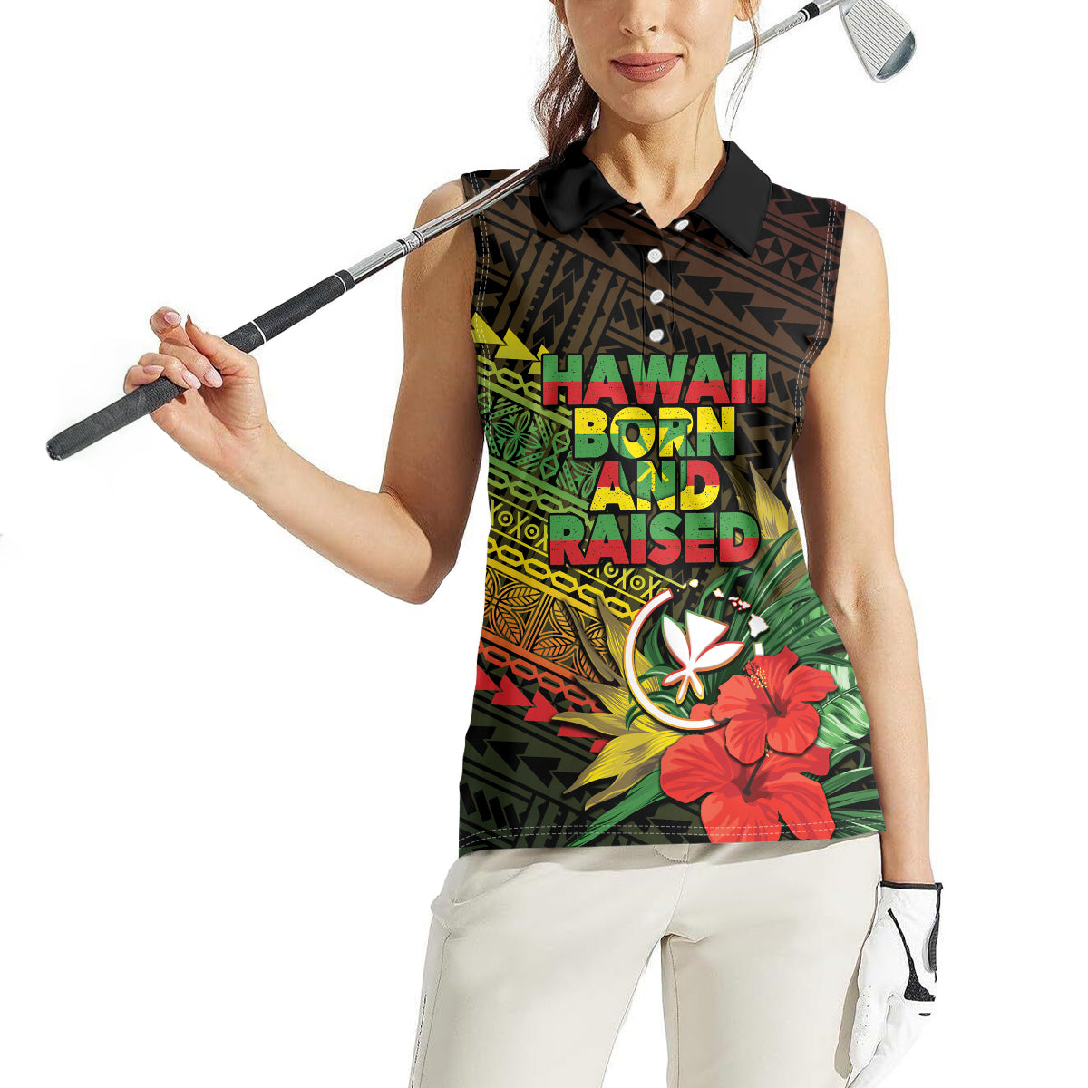 Personalized Hawaii Born and Raised Women Sleeveless Polo Shirt Kanaka Maoli Flag Day LT05 - Polynesian Pride