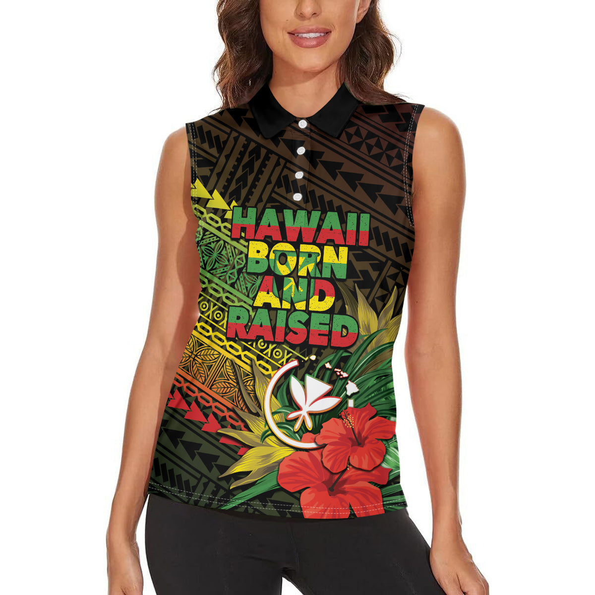 Personalized Hawaii Born and Raised Women Sleeveless Polo Shirt Kanaka Maoli Flag Day LT05 - Polynesian Pride