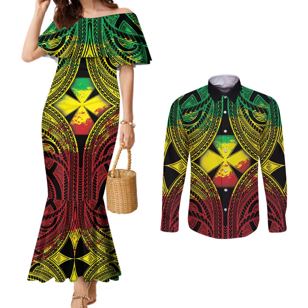 Personalised Wallis and Futuna Territory Day Couples Matching Mermaid Dress and Long Sleeve Button Shirt Polynesian Pattern Simple Style LT05 Reggae - Polynesian Pride