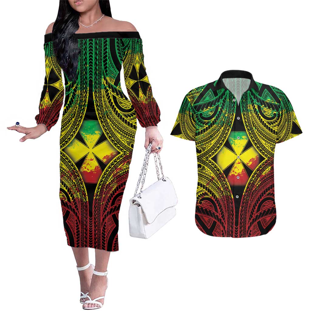 Personalised Wallis and Futuna Territory Day Couples Matching Off The Shoulder Long Sleeve Dress and Hawaiian Shirt Polynesian Pattern Simple Style LT05 Reggae - Polynesian Pride