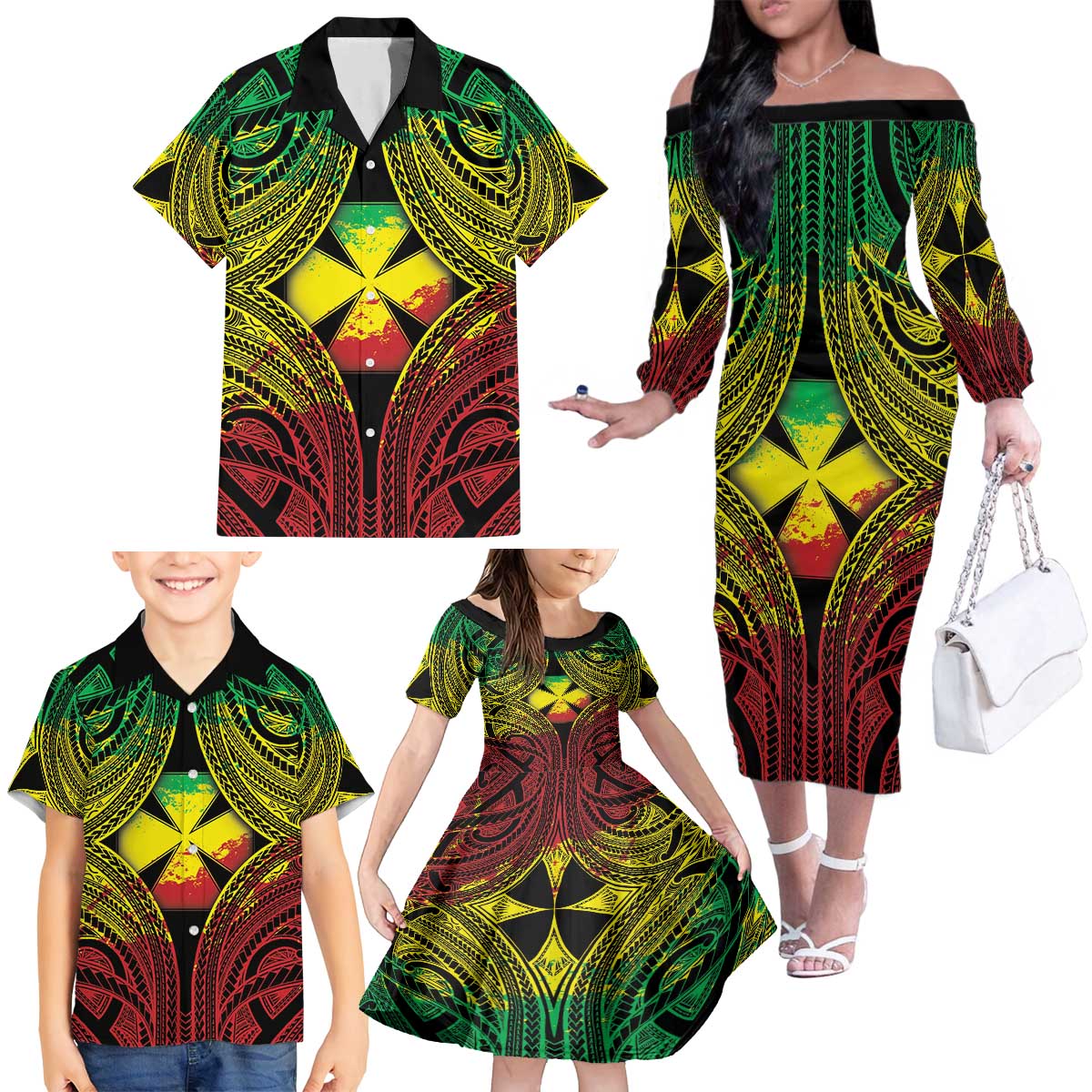 Personalised Wallis and Futuna Territory Day Family Matching Off The Shoulder Long Sleeve Dress and Hawaiian Shirt Polynesian Pattern Simple Style LT05 - Polynesian Pride