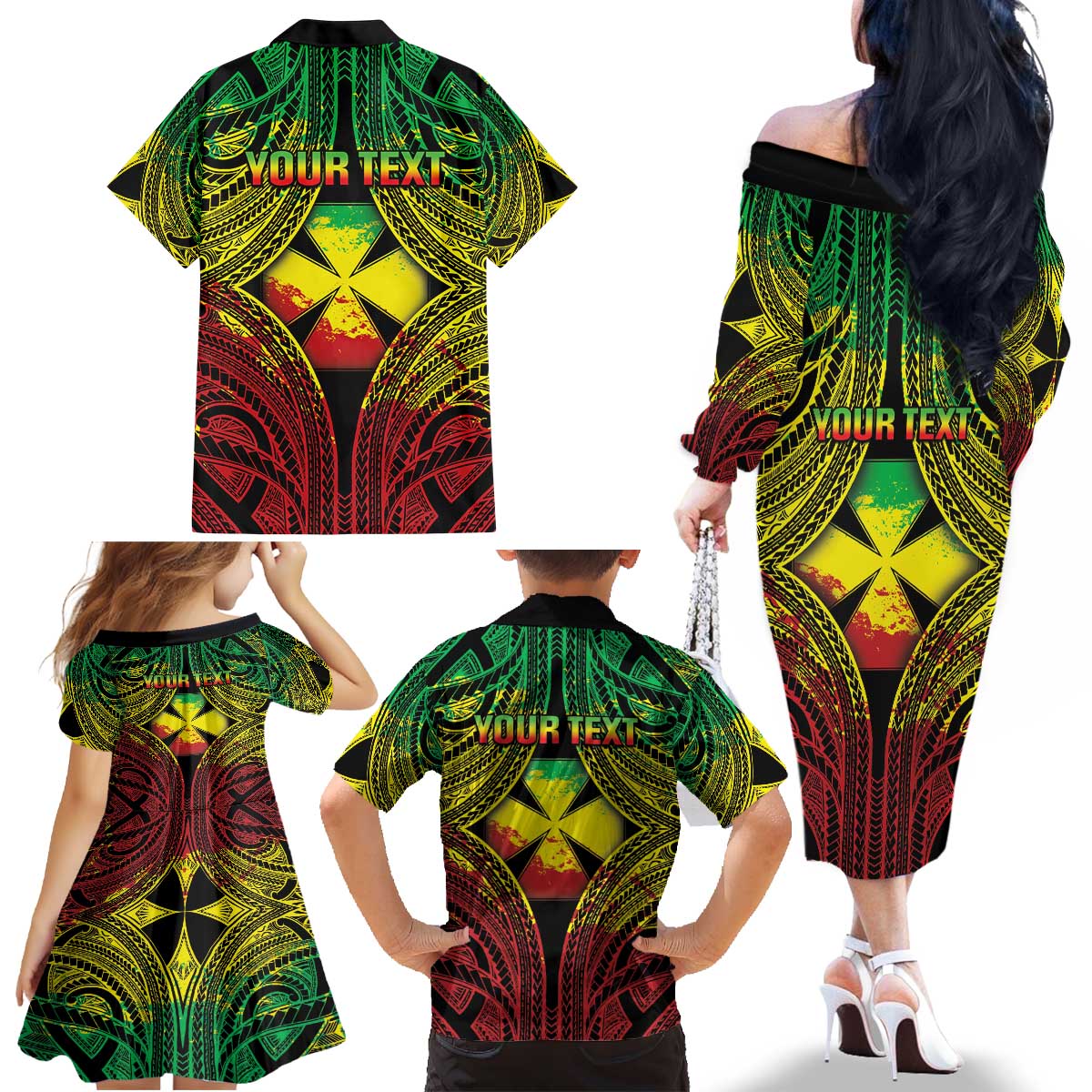 Personalised Wallis and Futuna Territory Day Family Matching Off The Shoulder Long Sleeve Dress and Hawaiian Shirt Polynesian Pattern Simple Style LT05 - Polynesian Pride