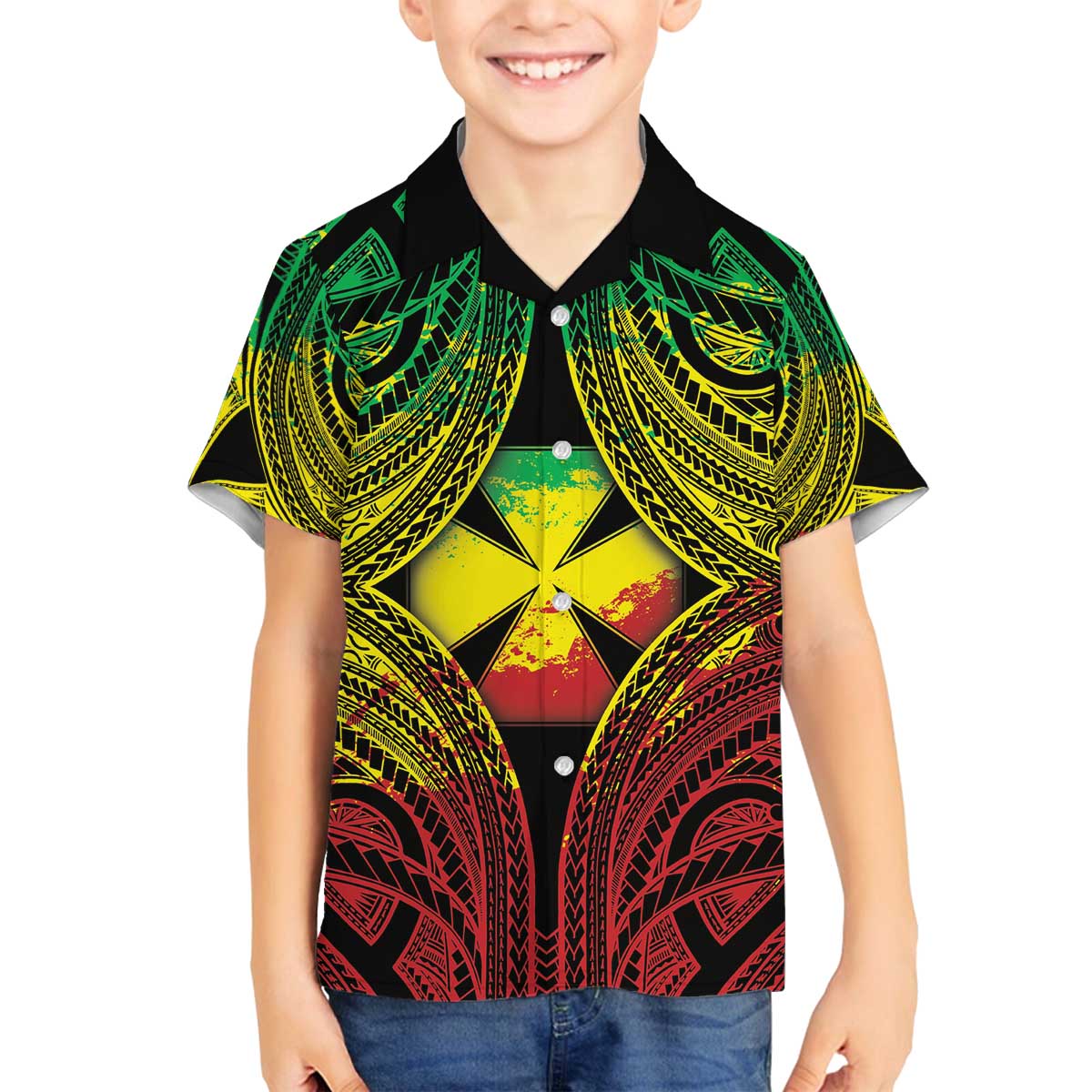 Personalised Wallis and Futuna Territory Day Family Matching Off The Shoulder Long Sleeve Dress and Hawaiian Shirt Polynesian Pattern Simple Style LT05 Son's Shirt Reggae - Polynesian Pride