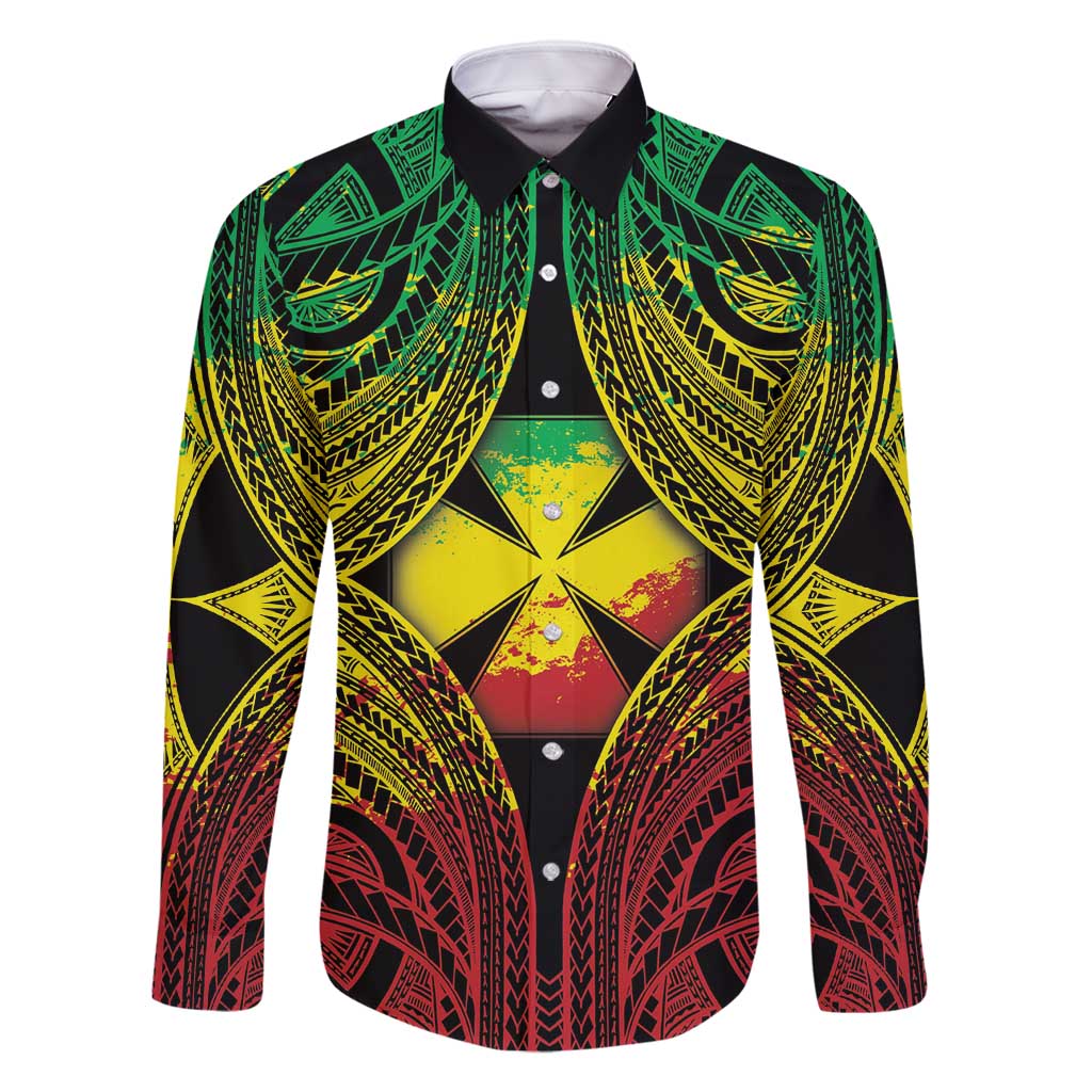 Personalised Wallis and Futuna Territory Day Family Matching Off Shoulder Maxi Dress and Hawaiian Shirt Polynesian Pattern Simple Style LT05 Dad's Shirt - Long Sleeve Reggae - Polynesian Pride
