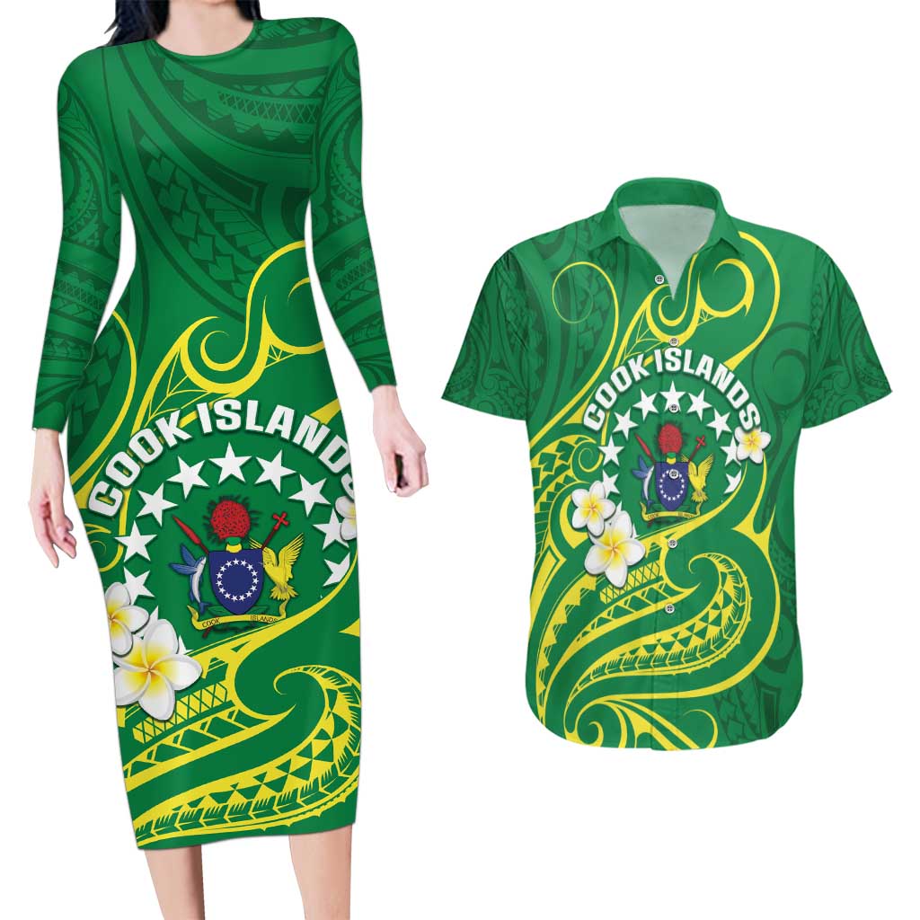 Cook Islands Happy Constitution Day Couples Matching Long Sleeve Bodycon Dress and Hawaiian Shirt Pattern Tribal Art LT05 Green - Polynesian Pride