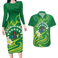 Cook Islands Happy Constitution Day Couples Matching Long Sleeve Bodycon Dress and Hawaiian Shirt Pattern Tribal Art LT05 Green - Polynesian Pride