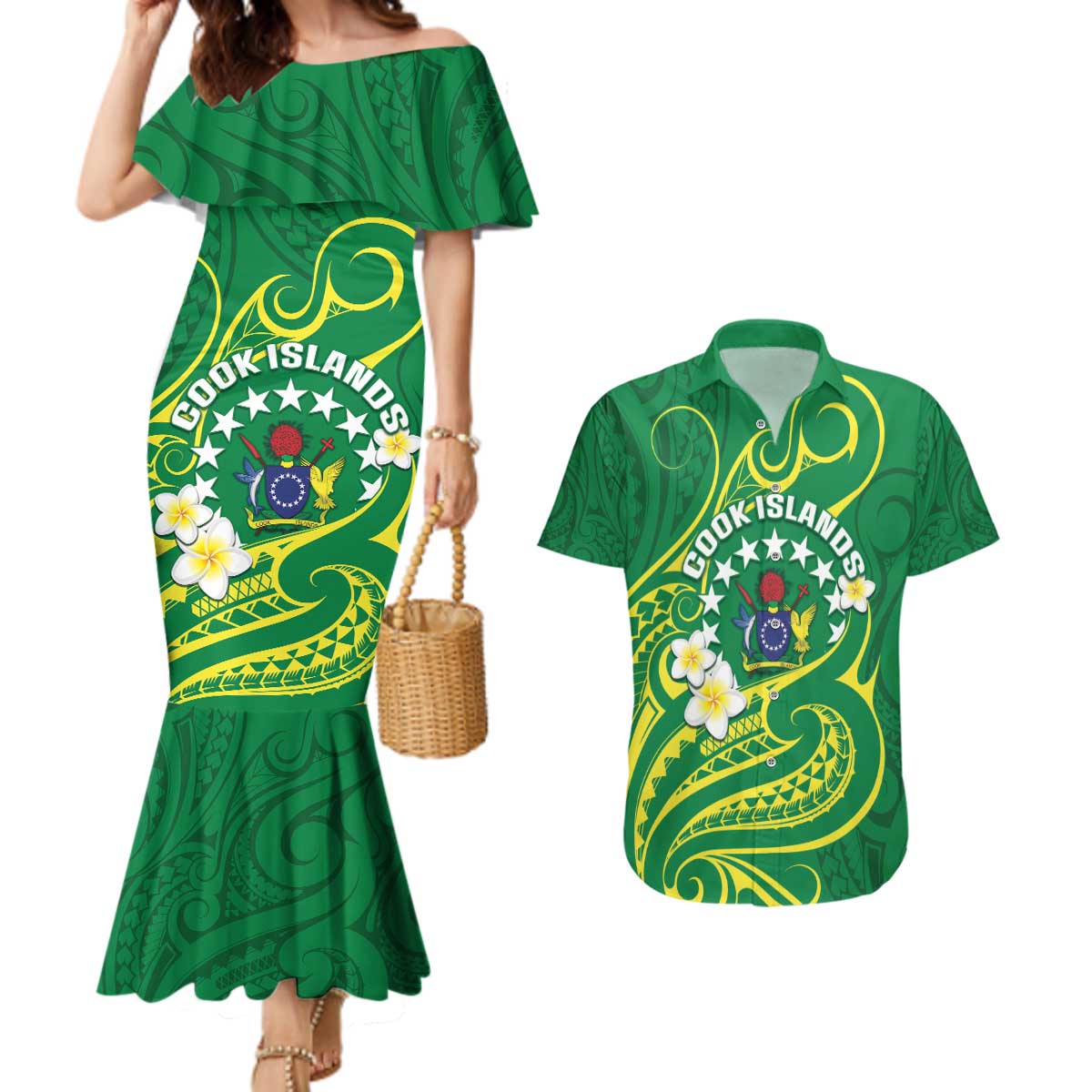 Cook Islands Happy Constitution Day Couples Matching Mermaid Dress and Hawaiian Shirt Pattern Tribal Art LT05 Green - Polynesian Pride