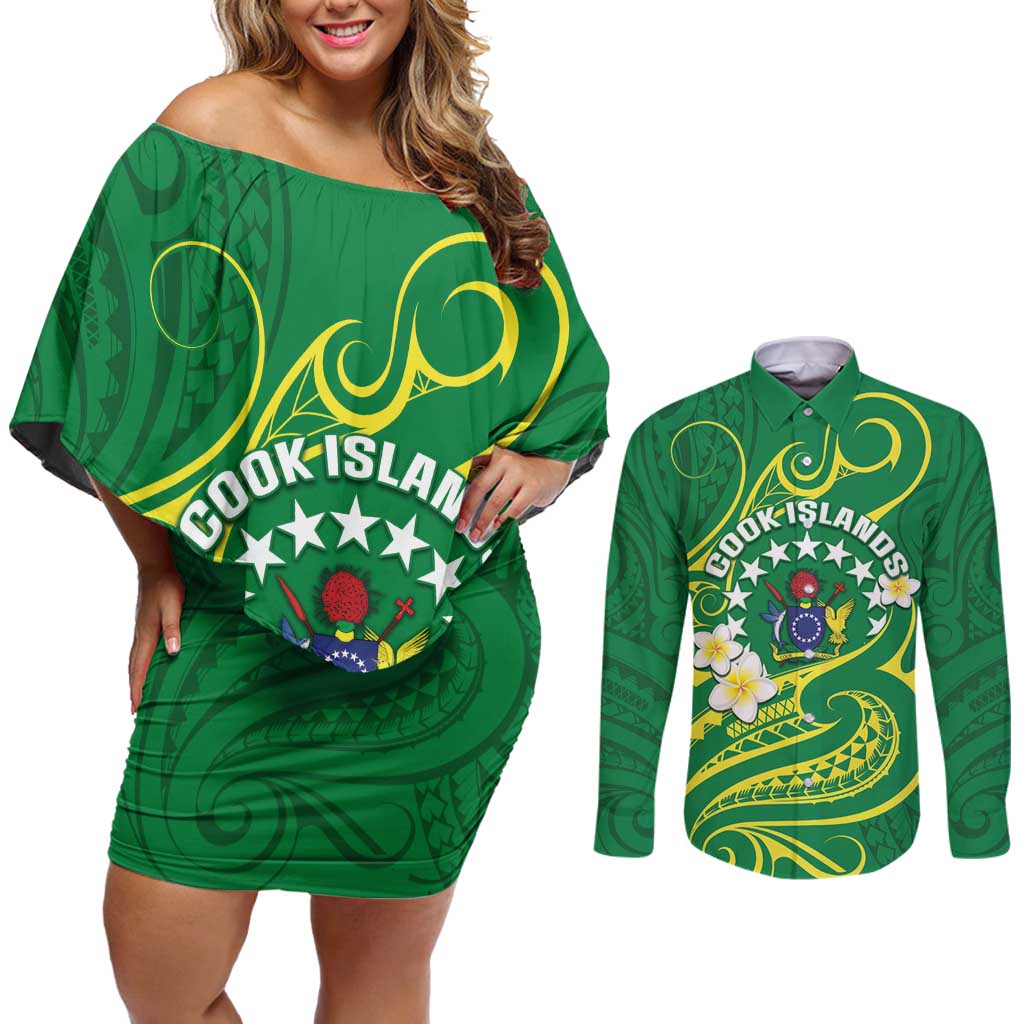 Cook Islands Happy Constitution Day Couples Matching Off Shoulder Short Dress and Long Sleeve Button Shirt Pattern Tribal Art