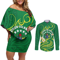 Cook Islands Happy Constitution Day Couples Matching Off Shoulder Short Dress and Long Sleeve Button Shirt Pattern Tribal Art LT05 Green - Polynesian Pride