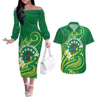 Cook Islands Happy Constitution Day Couples Matching Off The Shoulder Long Sleeve Dress and Hawaiian Shirt Pattern Tribal Art LT05 Green - Polynesian Pride