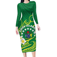 Cook Islands Happy Constitution Day Family Matching Long Sleeve Bodycon Dress and Hawaiian Shirt Pattern Tribal Art LT05 Mom's Dress Green - Polynesian Pride