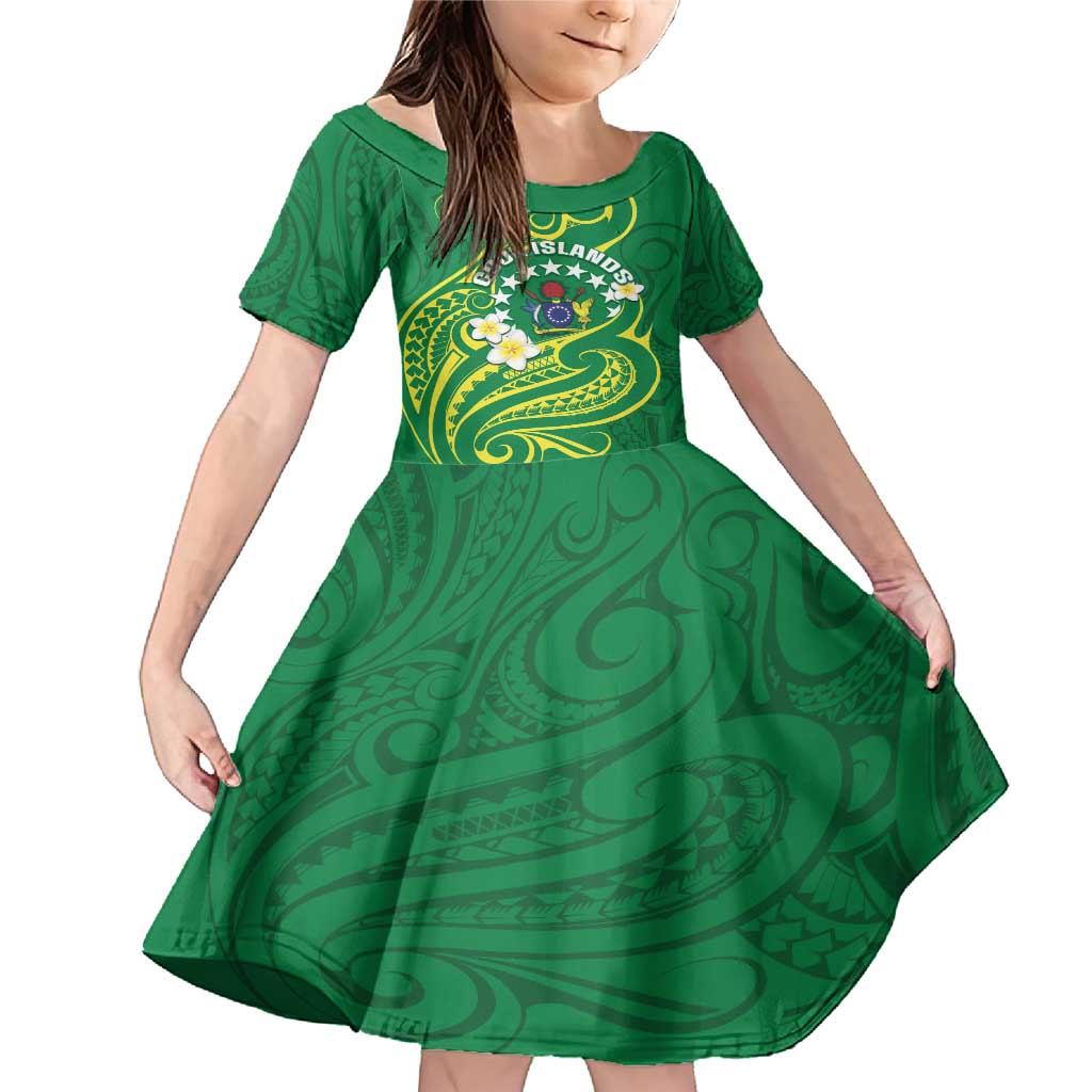 Cook Islands Happy Constitution Day Family Matching Mermaid Dress and Hawaiian Shirt Pattern Tribal Art LT05 Daughter's Dress Green - Polynesian Pride