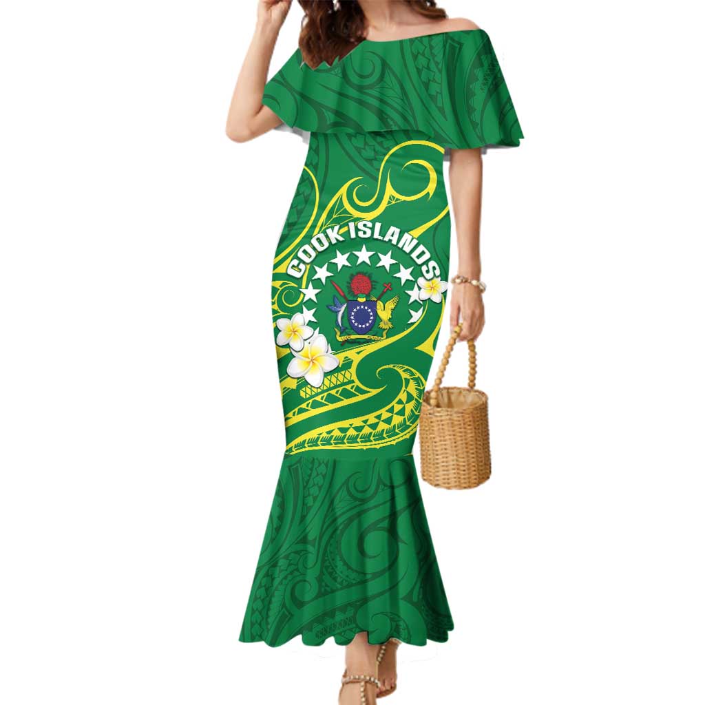Cook Islands Happy Constitution Day Family Matching Mermaid Dress and Hawaiian Shirt Pattern Tribal Art LT05 Mom's Dress Green - Polynesian Pride