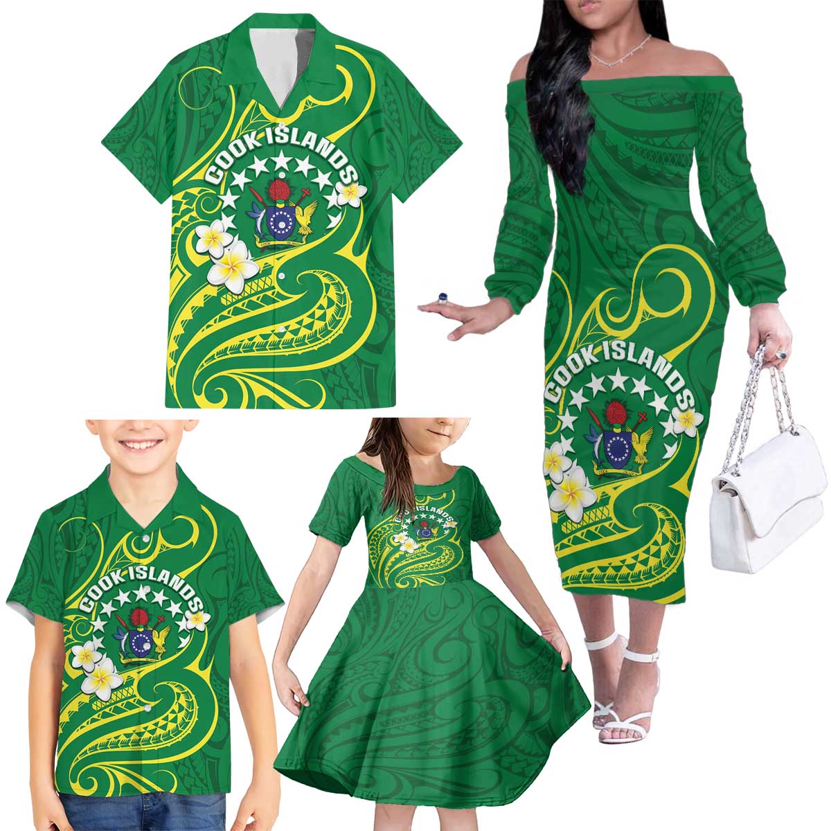 Cook Islands Happy Constitution Day Family Matching Off The Shoulder Long Sleeve Dress and Hawaiian Shirt Pattern Tribal Art LT05 - Polynesian Pride
