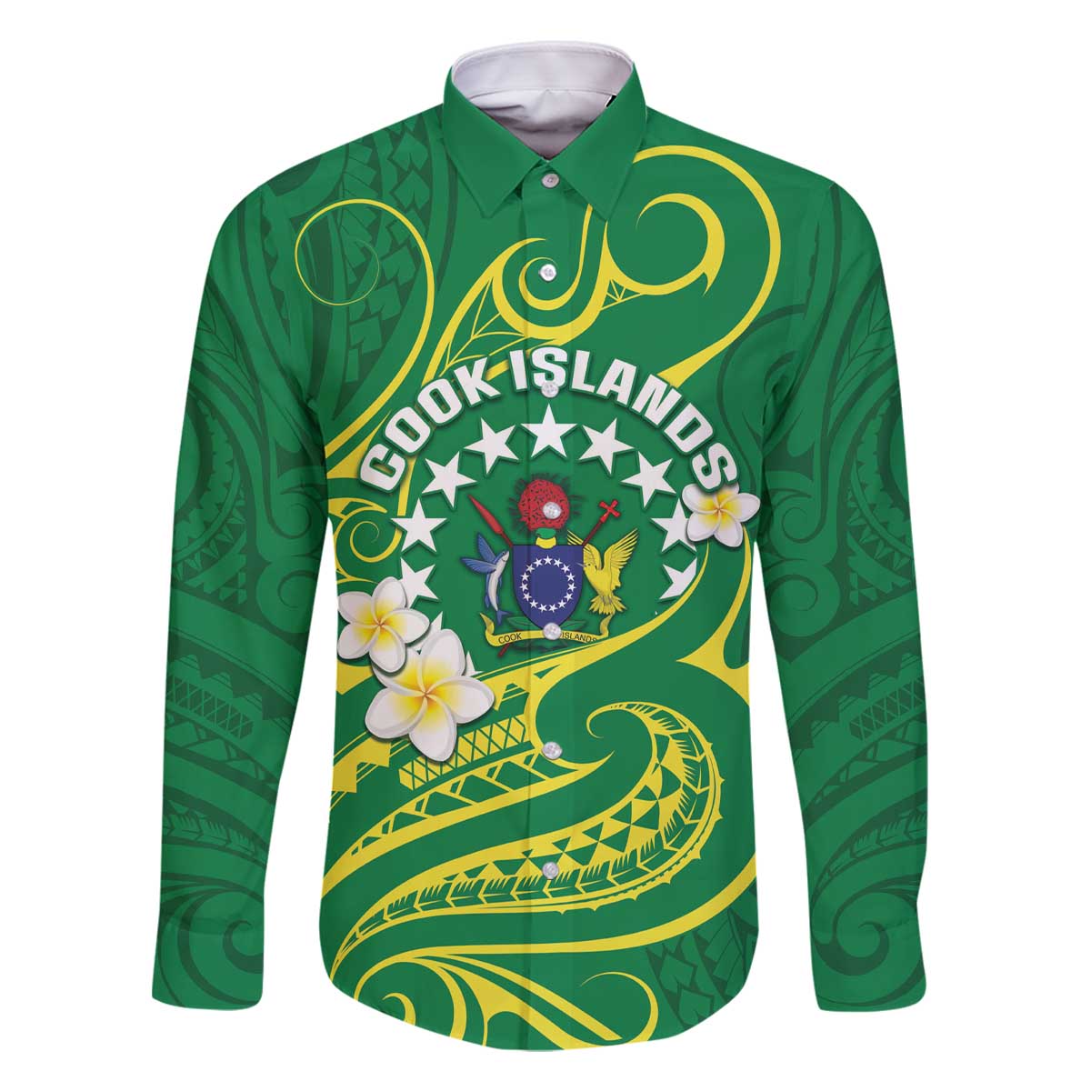 Cook Islands Happy Constitution Day Family Matching Off The Shoulder Long Sleeve Dress and Hawaiian Shirt Pattern Tribal Art LT05 Dad's Shirt - Long Sleeve Green - Polynesian Pride