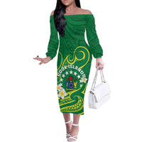 Cook Islands Happy Constitution Day Family Matching Off The Shoulder Long Sleeve Dress and Hawaiian Shirt Pattern Tribal Art LT05 Mom's Dress Green - Polynesian Pride