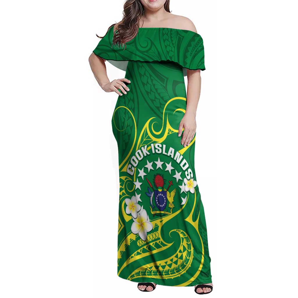 Cook Islands Happy Constitution Day Family Matching Off Shoulder Maxi Dress and Hawaiian Shirt Pattern Tribal Art LT05 Mom's Dress Green - Polynesian Pride