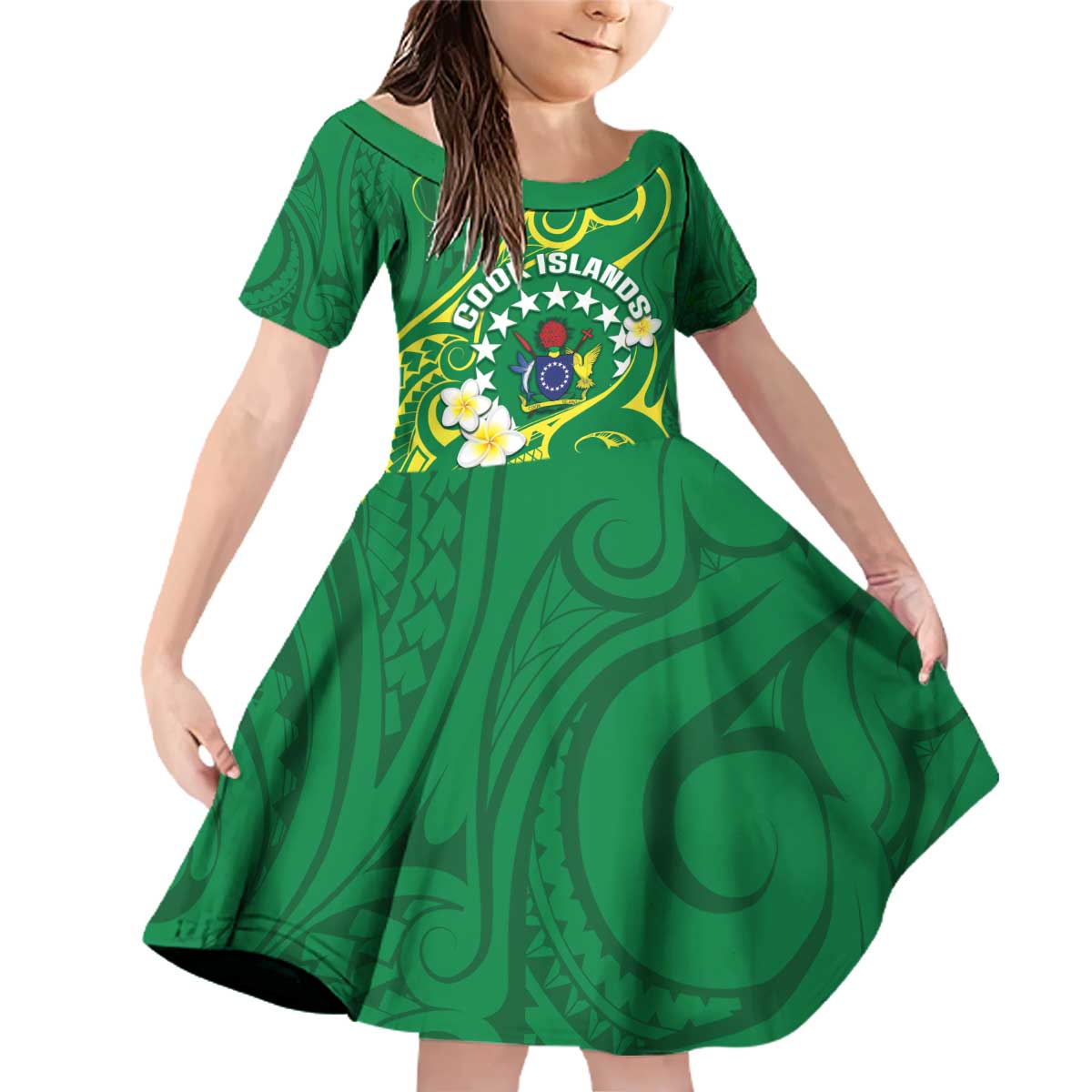 Cook Islands Happy Constitution Day Family Matching Off Shoulder Short Dress and Hawaiian Shirt Pattern Tribal Art LT05 Daughter's Dress Green - Polynesian Pride