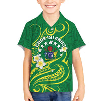 Cook Islands Happy Constitution Day Family Matching Off Shoulder Short Dress and Hawaiian Shirt Pattern Tribal Art LT05 Son's Shirt Green - Polynesian Pride