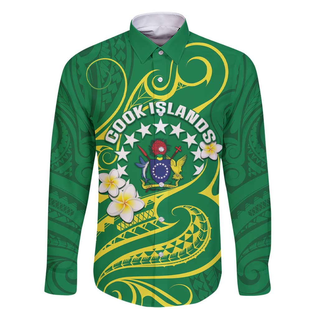 Cook Islands Happy Constitution Day Family Matching Short Sleeve Bodycon Dress and Hawaiian Shirt Pattern Tribal Art LT05 Dad's Shirt - Long Sleeve Green - Polynesian Pride