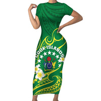 Cook Islands Happy Constitution Day Family Matching Short Sleeve Bodycon Dress and Hawaiian Shirt Pattern Tribal Art LT05 Mom's Dress Green - Polynesian Pride