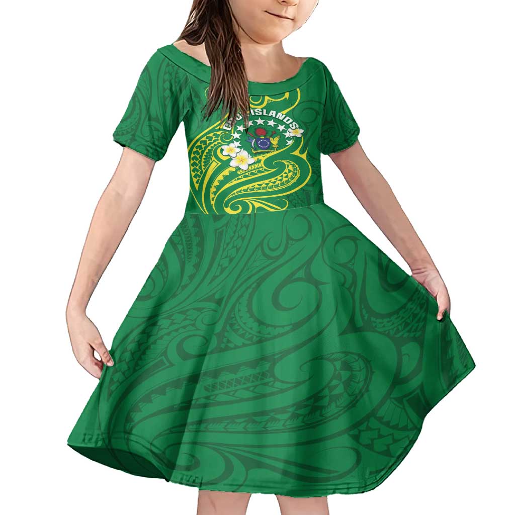 Cook Islands Happy Constitution Day Family Matching Tank Maxi Dress and Hawaiian Shirt Pattern Tribal Art LT05 Daughter's Dress Green - Polynesian Pride
