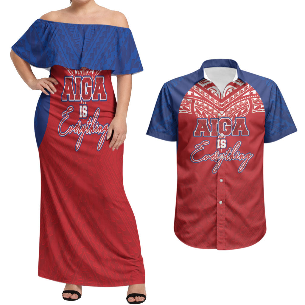 Aiga Samoa Couples Matching Off Shoulder Maxi Dress and Hawaiian Shirt Aiga Is Everything LT05 Red - Polynesian Pride