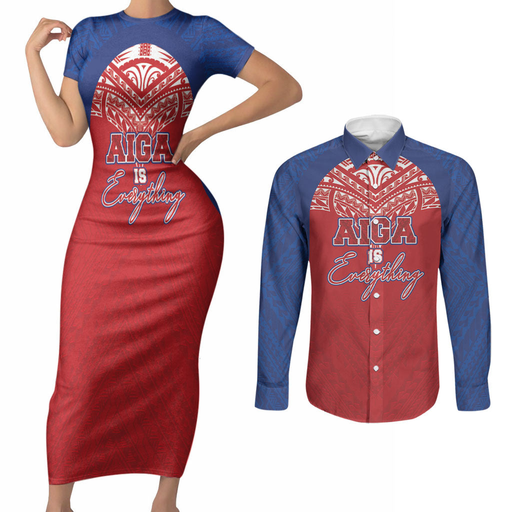 Aiga Samoa Couples Matching Short Sleeve Bodycon Dress and Long Sleeve Button Shirt Aiga Is Everything LT05 Red - Polynesian Pride