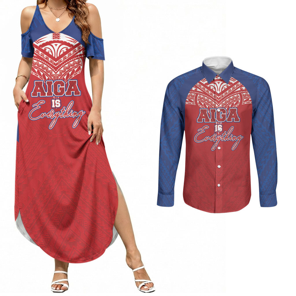 Aiga Samoa Couples Matching Summer Maxi Dress and Long Sleeve Button Shirt Aiga Is Everything LT05 Red - Polynesian Pride