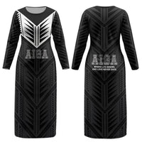 Samoa Aiga Couples Matching Long Sleeve Bodycon Dress and Long Sleeve Button Shirt Samoan Tribal Pattern LT05 - Polynesian Pride