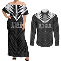 Samoa Aiga Couples Matching Off Shoulder Maxi Dress and Long Sleeve Button Shirt Samoan Tribal Pattern LT05 Black - Polynesian Pride
