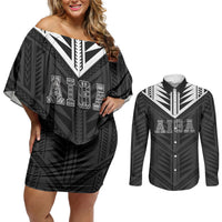 Samoa Aiga Couples Matching Off Shoulder Short Dress and Long Sleeve Button Shirt Samoan Tribal Pattern LT05 Black - Polynesian Pride