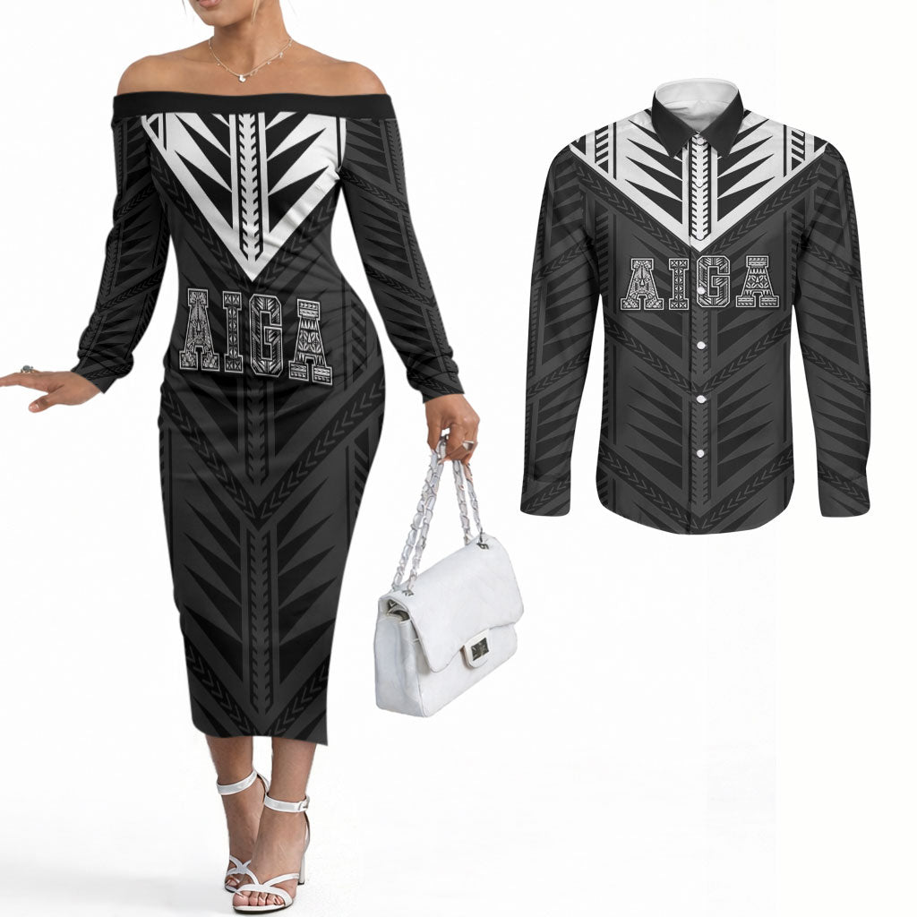Samoa Aiga Couples Matching Off The Shoulder Long Sleeve Dress and Long Sleeve Button Shirt Samoan Tribal Pattern LT05 Black - Polynesian Pride