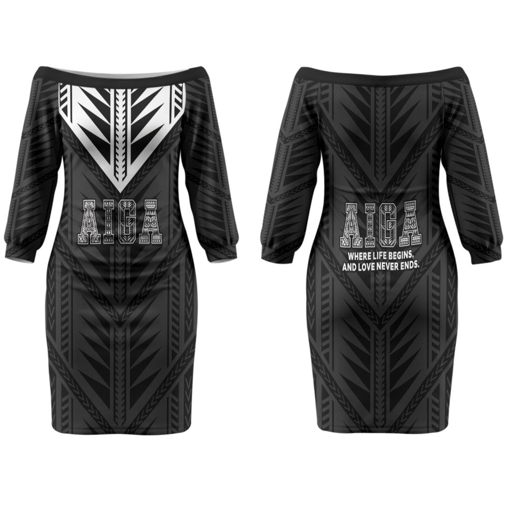 Samoa Aiga Couples Matching Off The Shoulder Long Sleeve Dress and Long Sleeve Button Shirt Samoan Tribal Pattern LT05 - Polynesian Pride