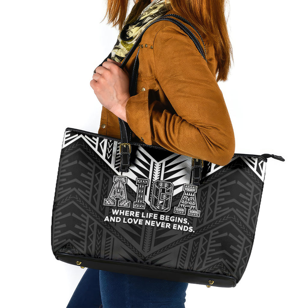 Samoa Aiga Leather Tote Bag Samoan Tribal Pattern LT05 Black - Polynesian Pride