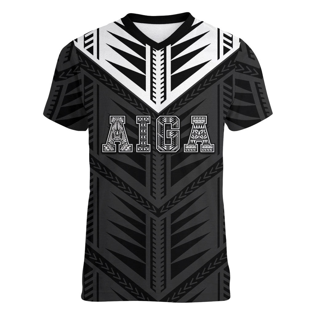 Samoa Aiga Women V-Neck T-Shirt Samoan Tribal Pattern LT05 Female Black - Polynesian Pride